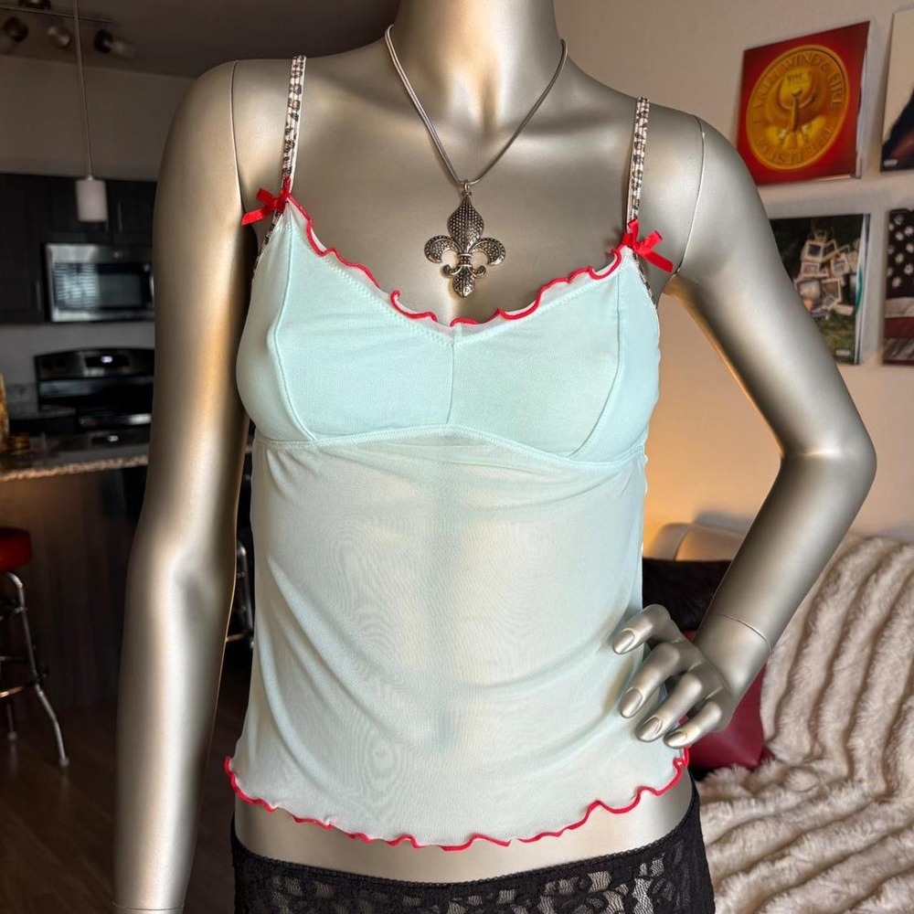 Y2K Blue Cami Red Bow Lace Leopard 🍒🐆